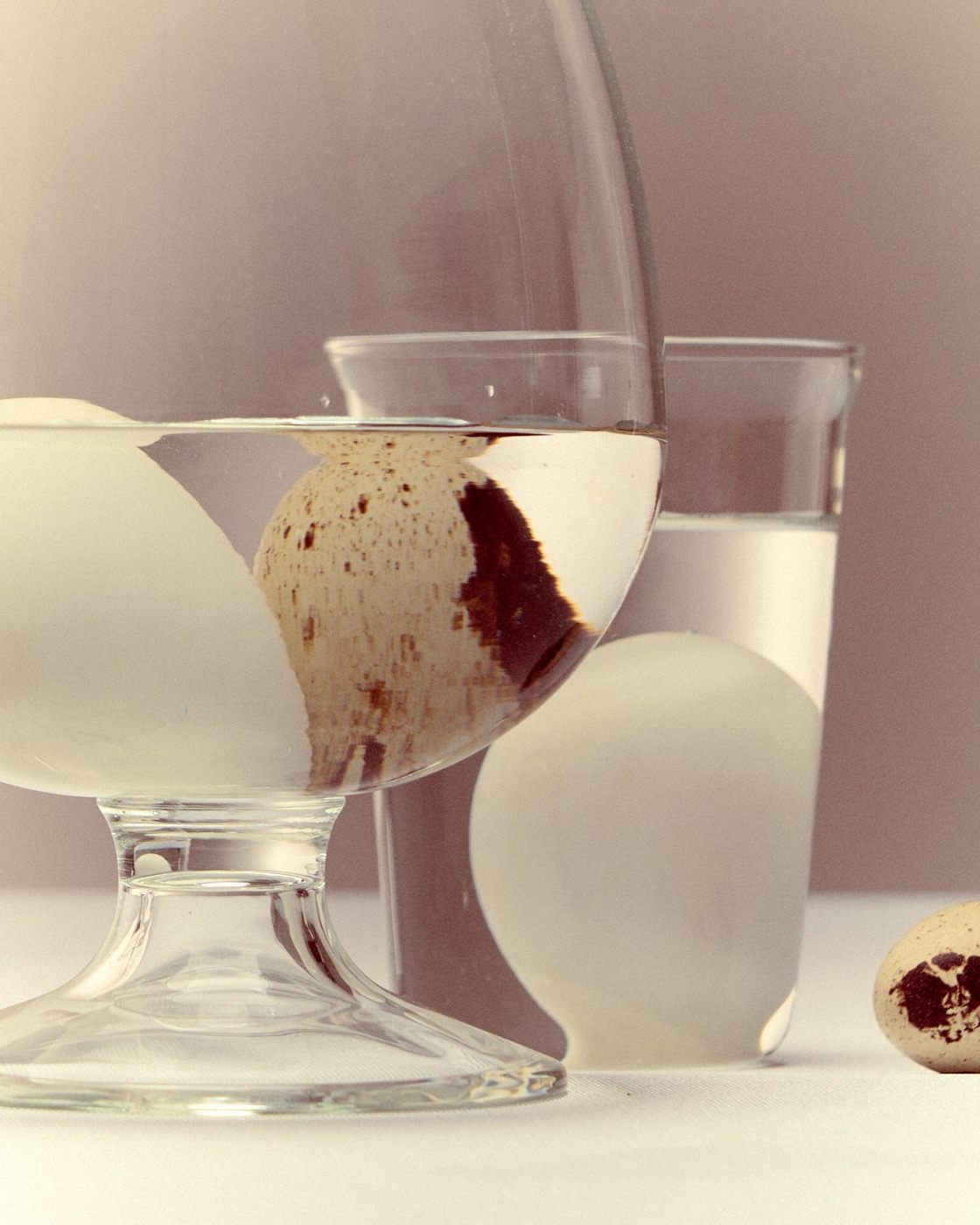 Quail eggs suspended in glasses of water
